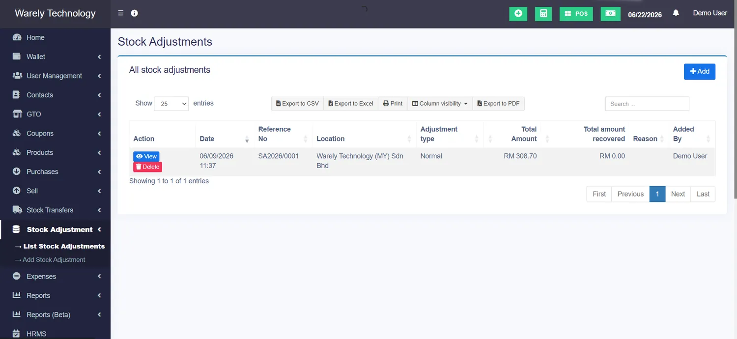 WarelyPOS — Inventory screen